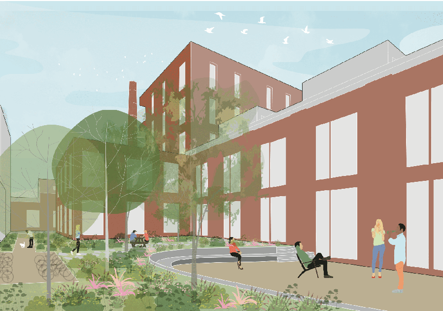 3D-beeld van het centrale plein op de site Confiserie Roodthooft in Berchem, ontwerp Lscapes