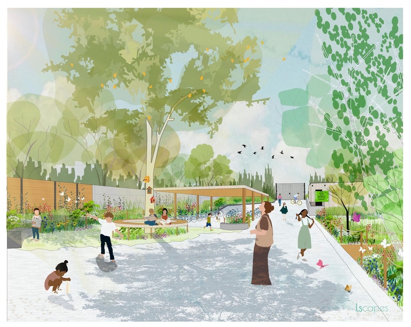 Groene, ontharde speelplaats De Spreeuwen in Mechelen, ontwerp van Lscapes