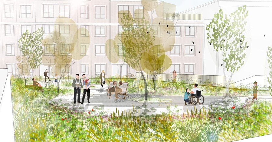 Daktuin met paden en verblijfsplekken boven Aldi Mortsel, ontwerp Lscapes