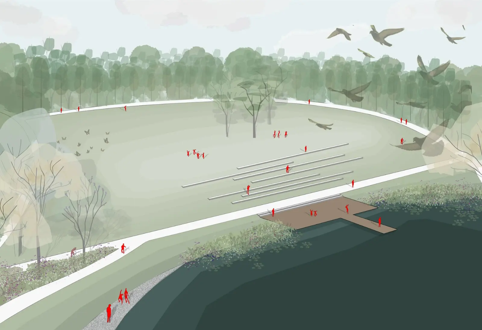 Visualisatie: water krijgt opnieuw ruimte in het park.